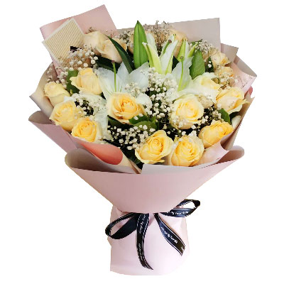 东营17朵香槟玫瑰百合，爱不惧风雨